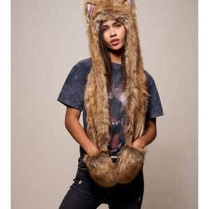 SpiritHoods Kids Faux Fur Cat / Wolf Hat with Striped Lining.  3 Pockets